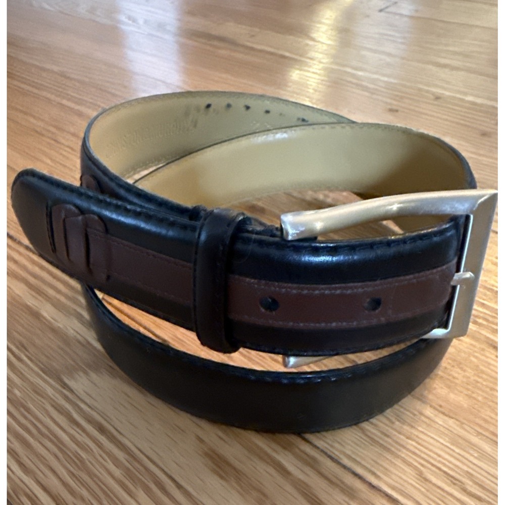 Johnson & Murphy Men's Size 36 Black &  Brown Silver Buckle Leather Belt Adjust